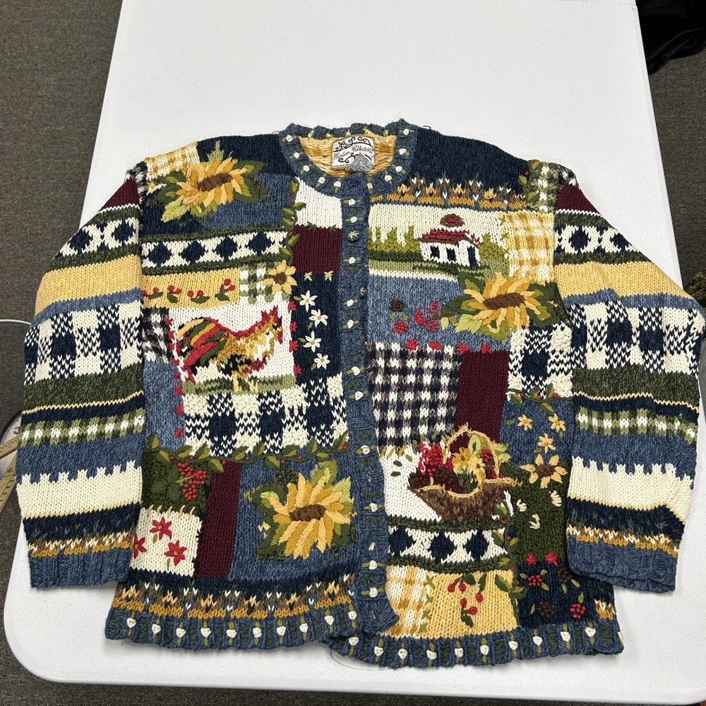 Heirloom collectibles Cardigan grandma Sweater Women M Multi Patchwork Rooster